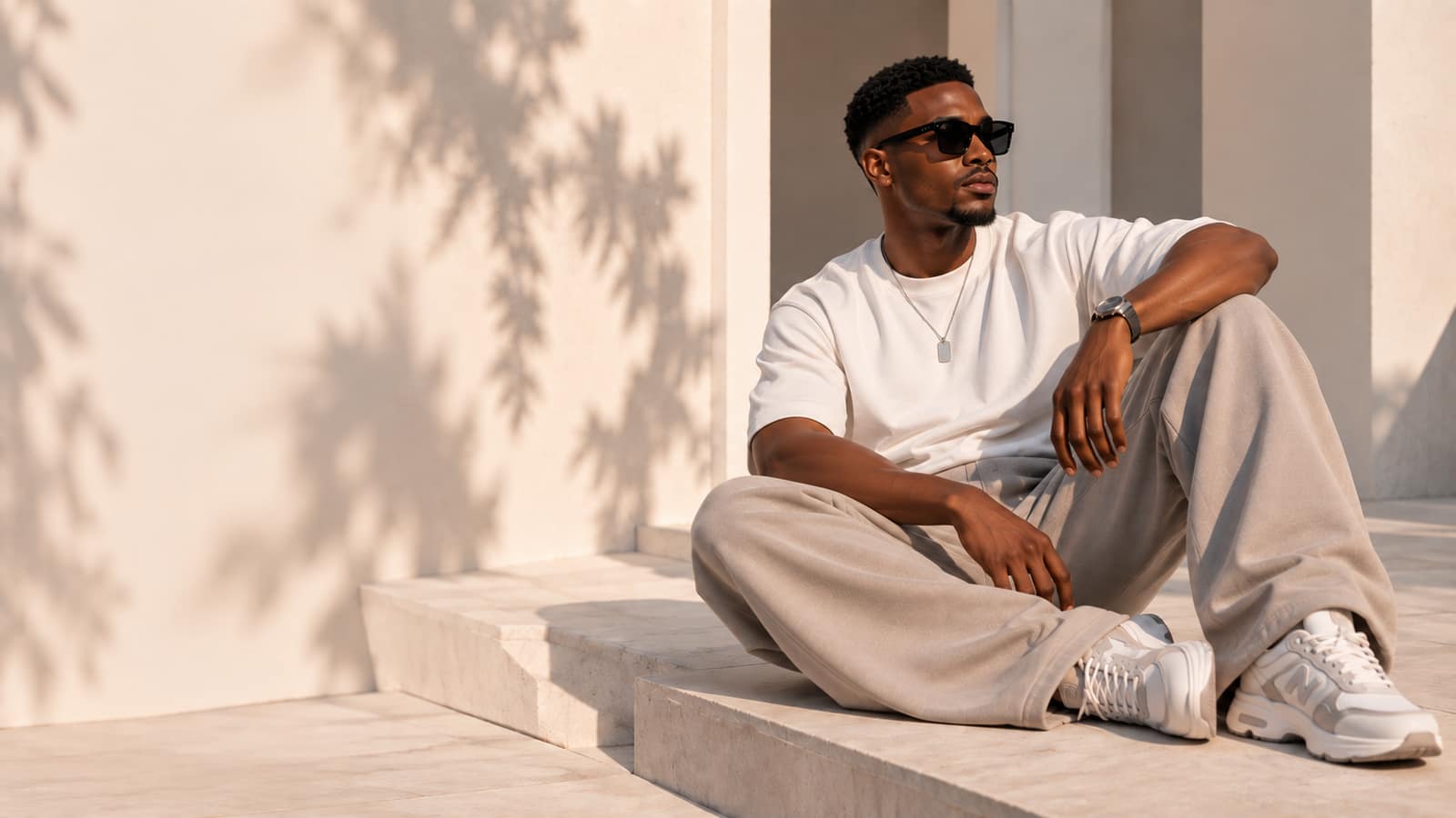 A man in wide-leg joggers and a plain white tee, sitting on sunlit stone steps