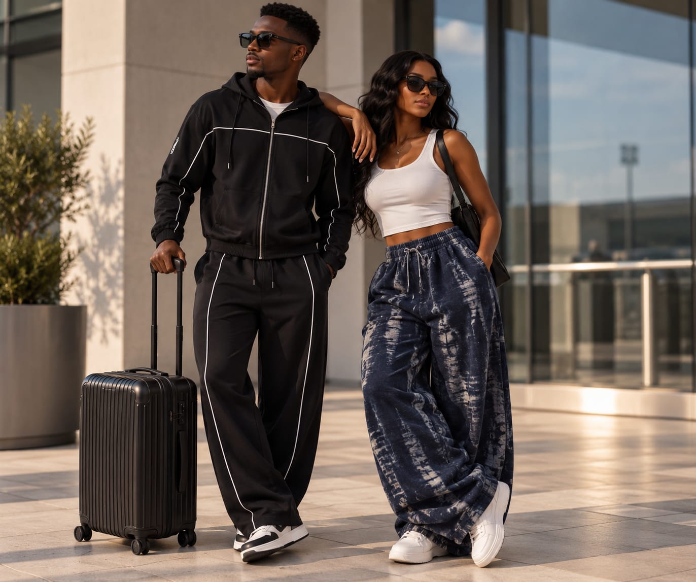 A man in a black piped travel set beside a woman in indigo adire joggers and a white tank, with cabin luggage